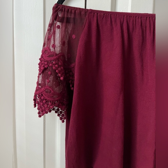 Burgundy Sheer Lace Off-the-shoulder Blouse Size Small - Picture 3 of 12